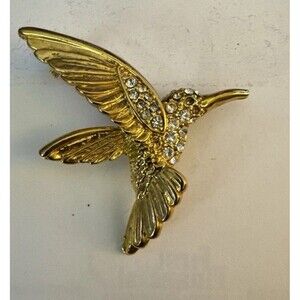 Gold Tone Hummingbird Brooch 2" x 2" Vintage In Flight Bird Rhinestone READ